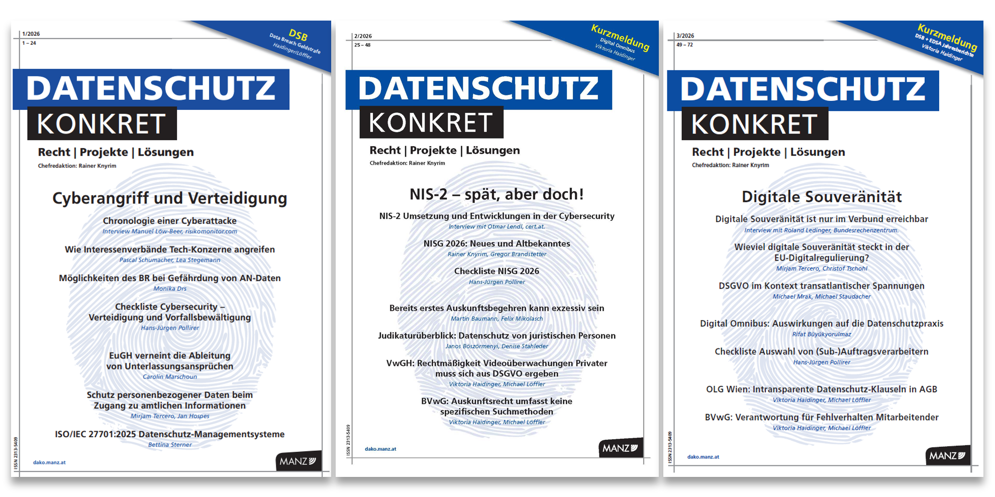 Titelblätter der Ausgaben 1, 2 und 3/2026 der Zeitschrift Dako - Datenschutz konkret, Verlag MANZ, Herausgeber Dr. Rainer Knyrim
